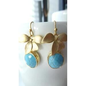 Turquoise Orchid  drop Earrings gold plated - NEW
